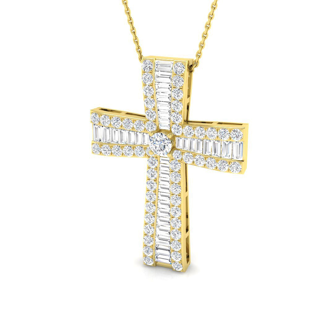 1.00ct – 4.50ct Baguette & Round Diamond Shared Prong Set Cross Necklace in Platinum