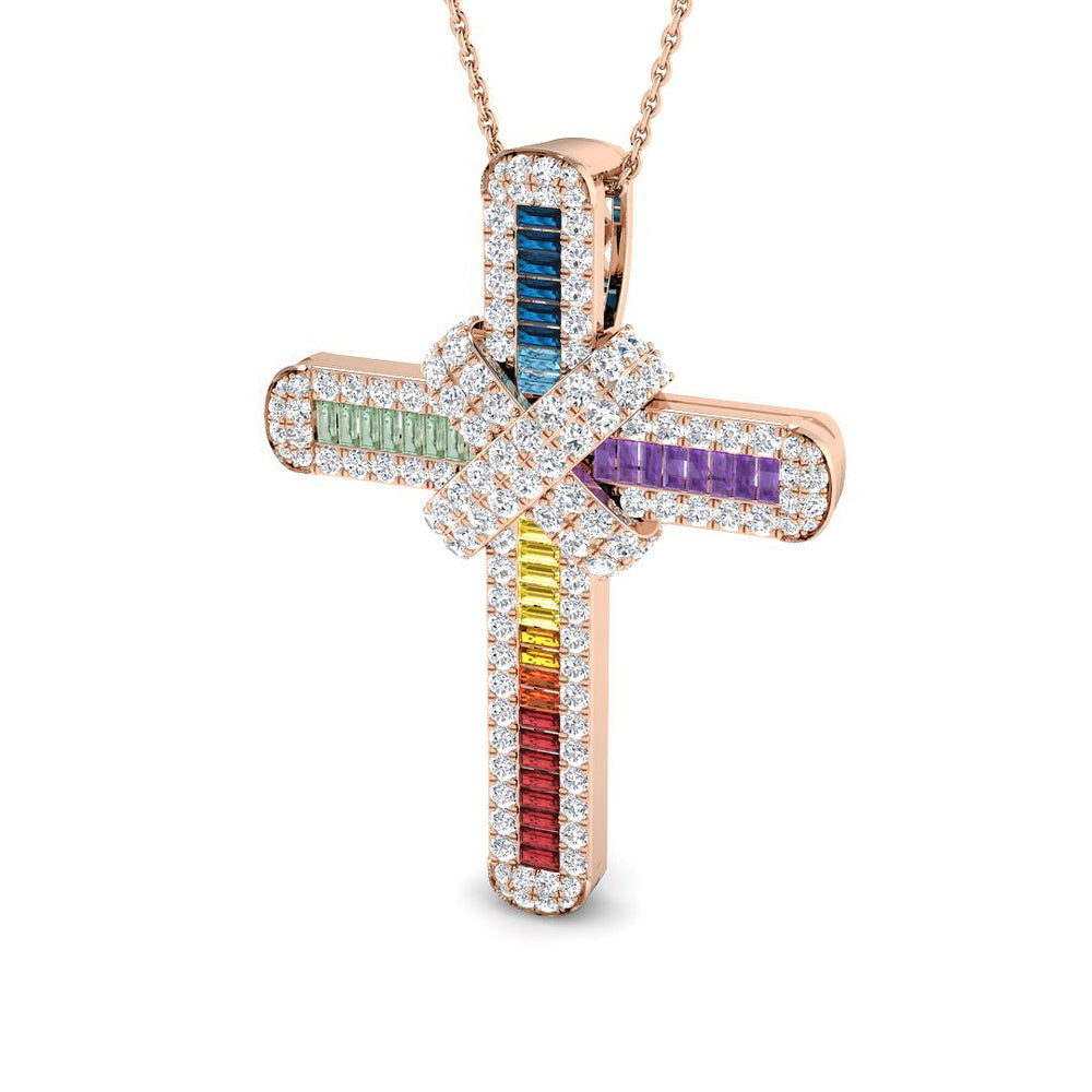 Rose gold cross pendant with colorful gemstones on a white background