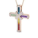 Rose gold cross pendant with colorful gemstones on a white background
