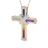 Rose gold cross pendant with colorful gemstones on a white background