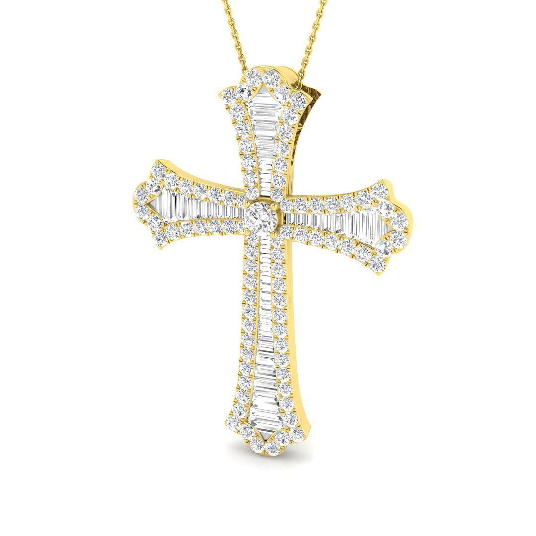 0.61ct – 6.64ct Baguette & Round Diamond Flared Cross Necklace in 9k and 18k Gold