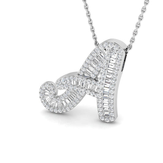 Diamond Script Initial "A" Pendant with Baguette & Round Diamonds