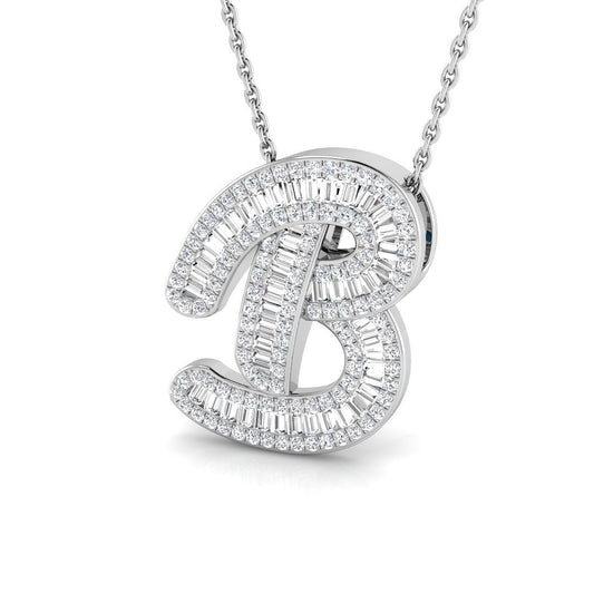 Diamond Script Initial "B" Pendant with Baguette & Round Diamonds