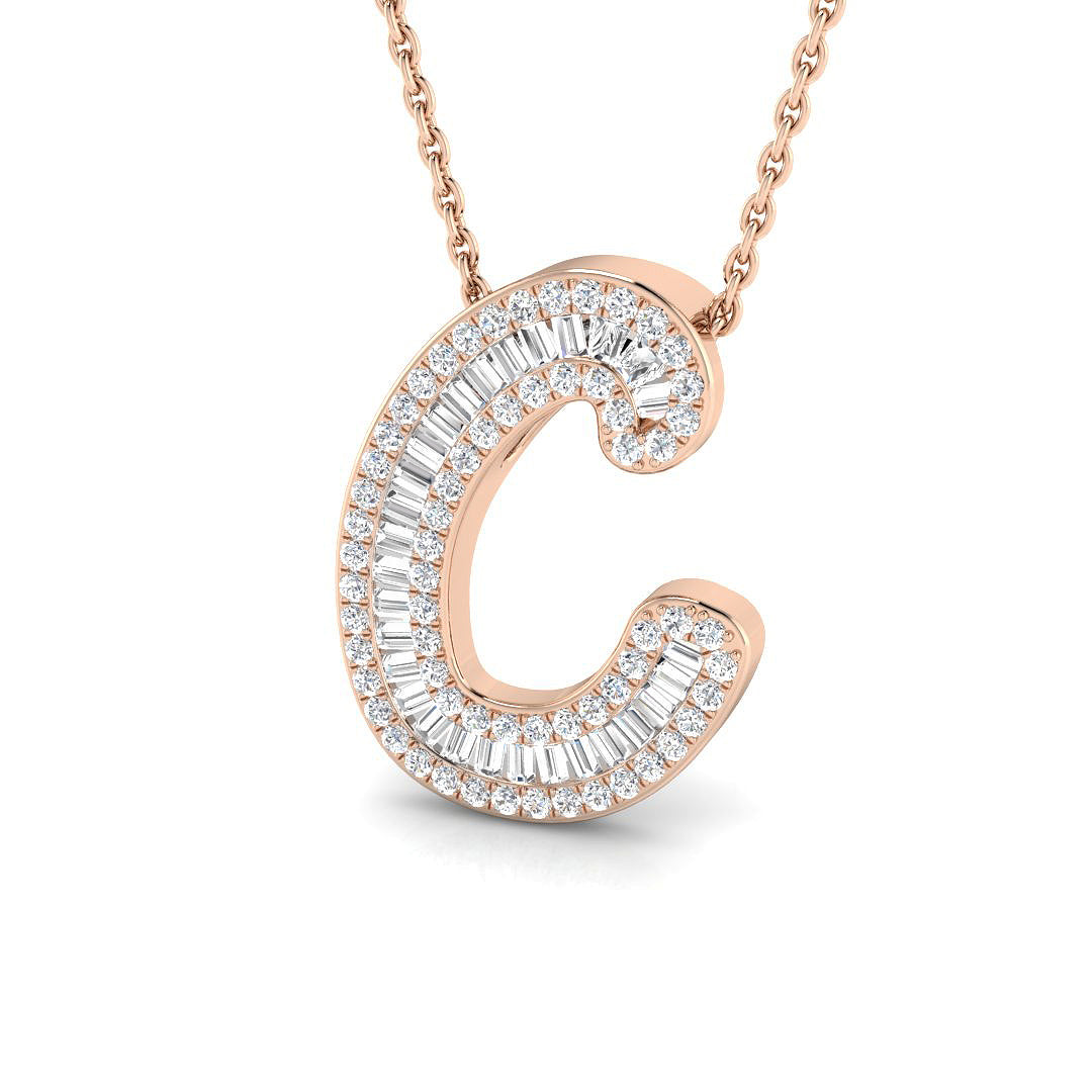 Diamond Script Initial "C" Pendant with Baguette & Round Diamonds
