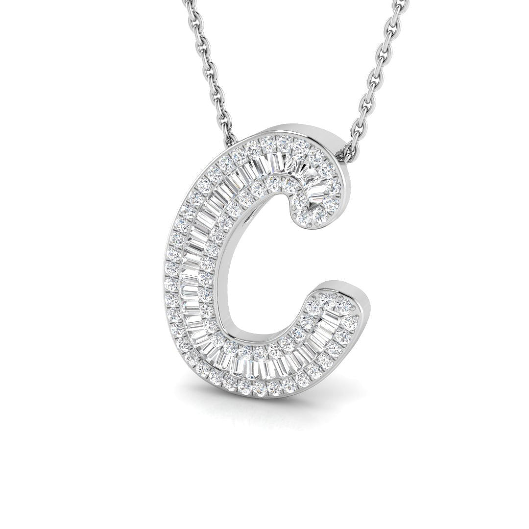Diamond Script Initial "C" Pendant with Baguette & Round Diamonds