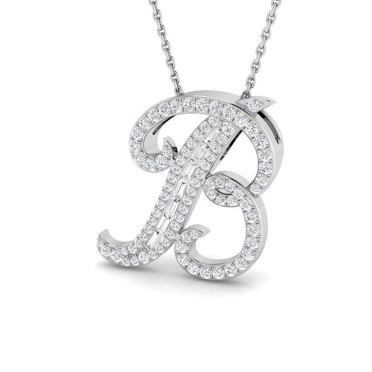Bold Diamond Script Initial "B" Pendant with Baguette and Round Diamonds