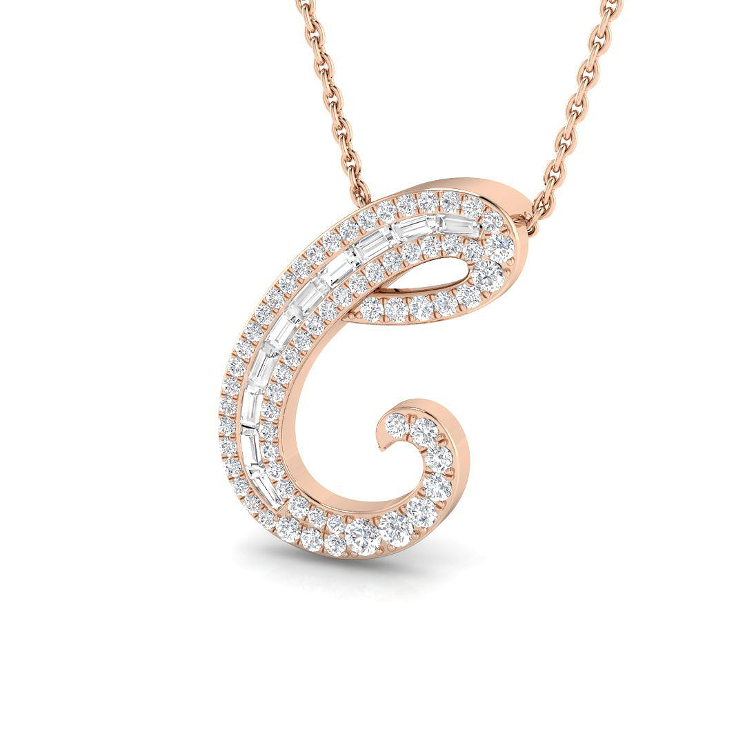 Bold Diamond Script Initial "C" Pendant with Baguette and Round Diamonds