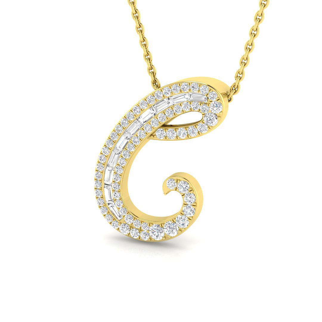 Bold Diamond Script Initial "C" Pendant with Baguette and Round Diamonds