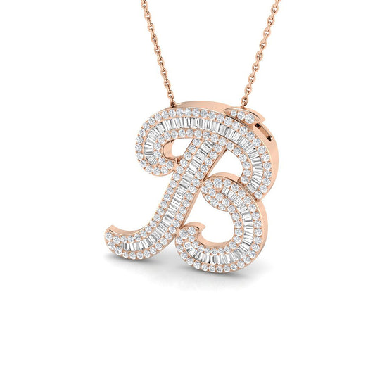 Rose Gold Diamond Script Initial "B" Pendant with Baguette and Round Diamonds