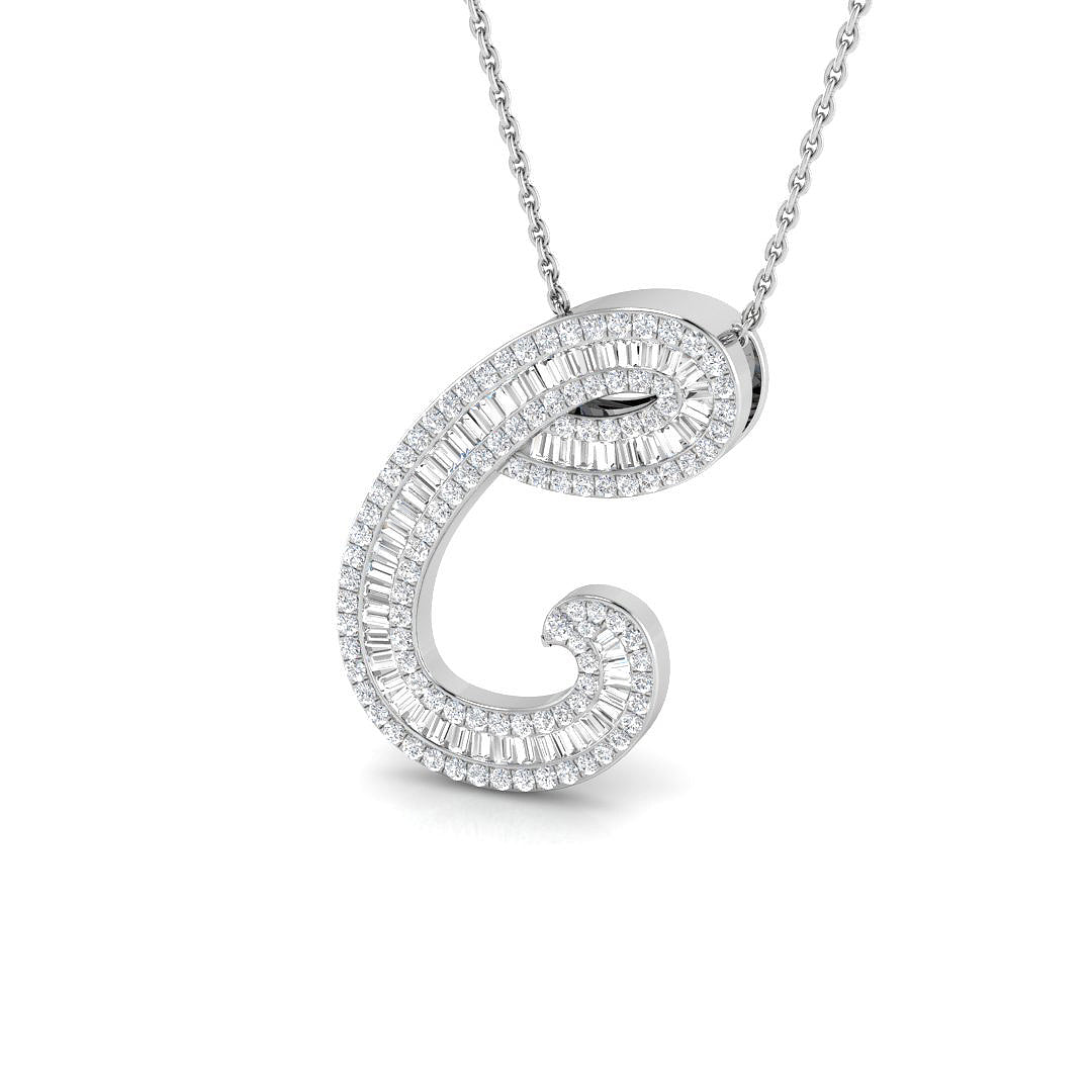Rose Gold Diamond Script Initial "C" Pendant with Baguette and Round Diamonds