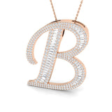 Yellow Gold Diamond Script Initial "B" Pendant with Baguette and Round Diamonds