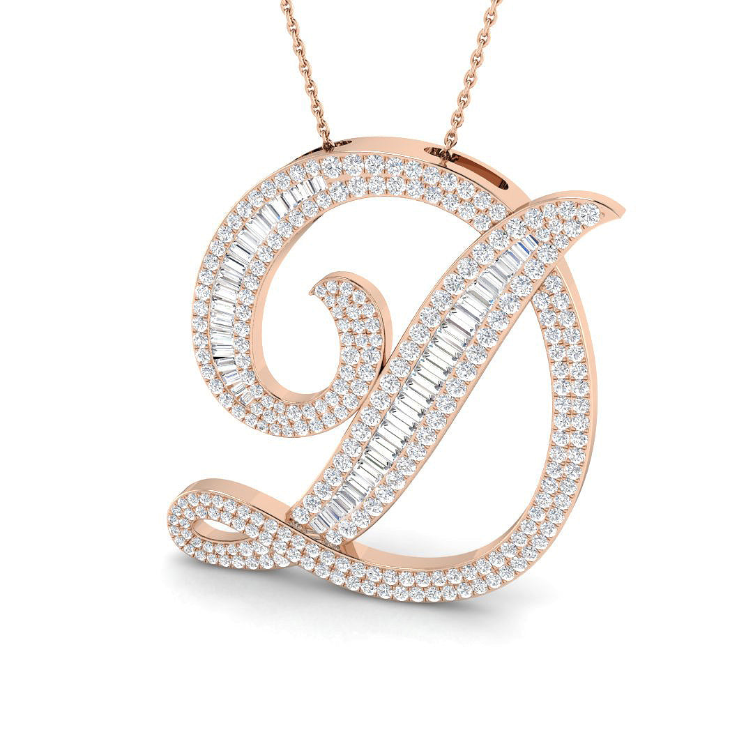 Yellow Gold Diamond Script Initial "D" Pendant with Baguette and Round Diamonds