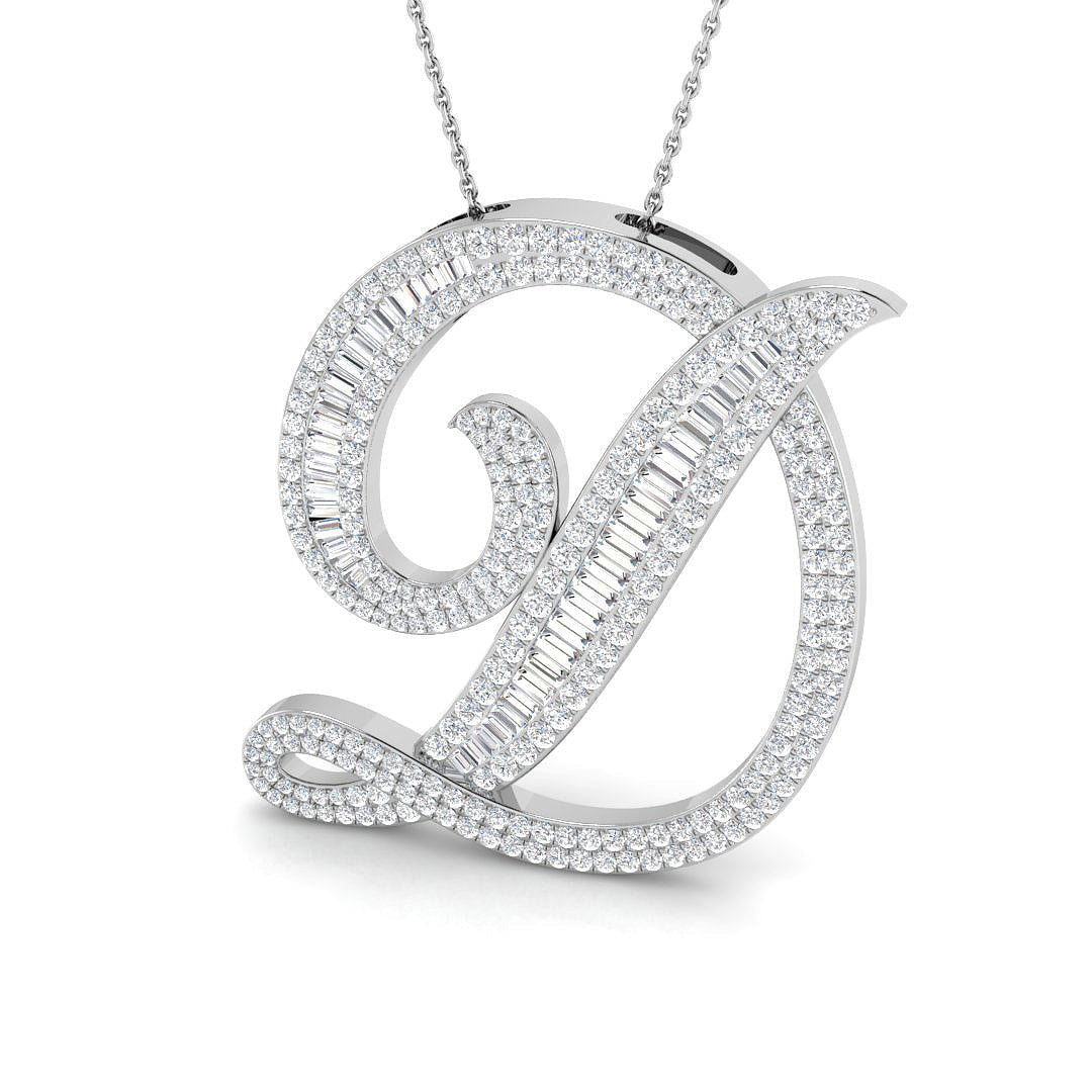 Yellow Gold Diamond Script Initial "D" Pendant with Baguette and Round Diamonds