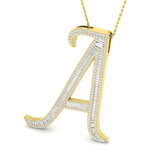 Bold Script "A" Diamond Pendant with Baguette & Round Cuts – 9k/18k Gold