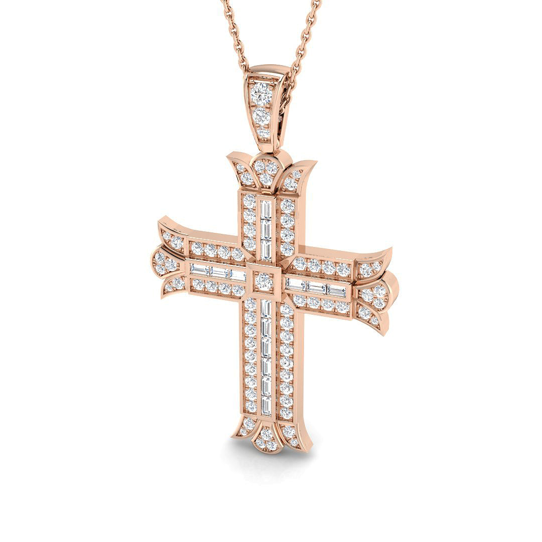 0.85ct – 1.16ct Baguette & Round Diamond Fleur-De-Lis Cross Necklace in Gold & Platinum