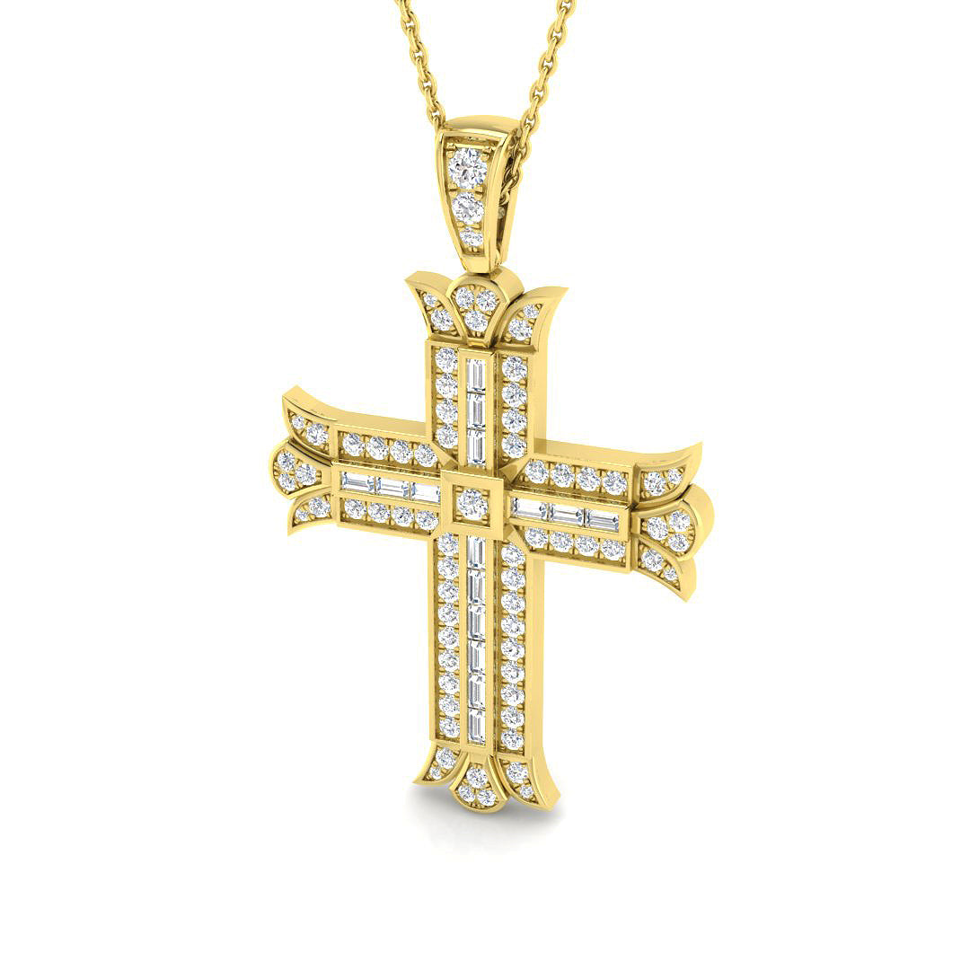 0.85ct – 1.16ct Baguette & Round Diamond Fleur-De-Lis Cross Necklace in Gold & Platinum