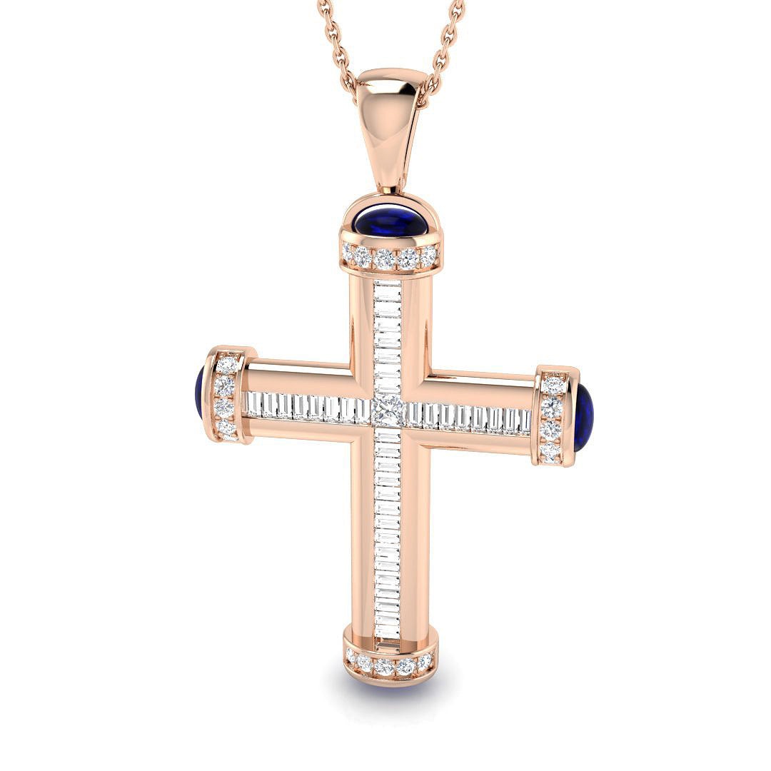 2.40ct Diamond & Blue Sapphire Baguette Cross Necklace in Gold & Platinum