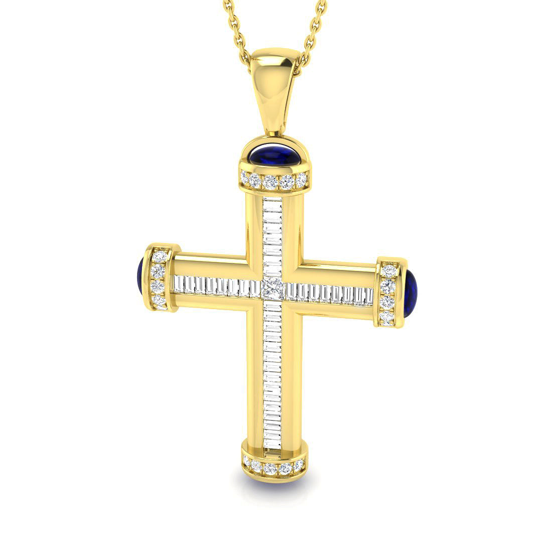 2.40ct Diamond & Blue Sapphire Baguette Cross Necklace in Gold & Platinum