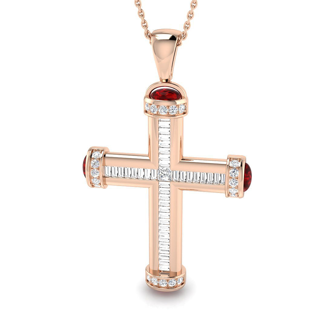 2.03ct Diamond & Ruby Baguette Cross Necklace in Gold & Platinum