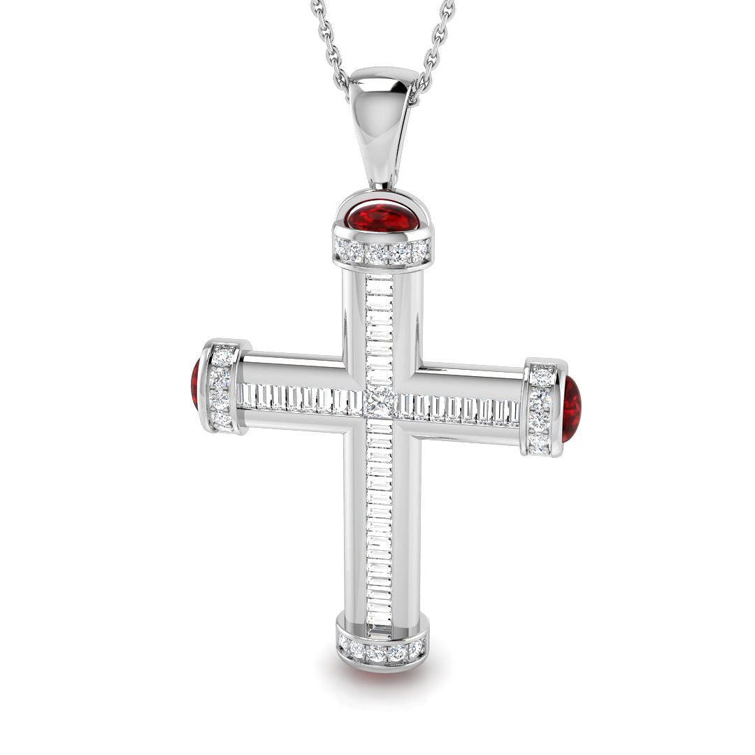 2.03ct Diamond & Ruby Baguette Cross Necklace in Gold & Platinum