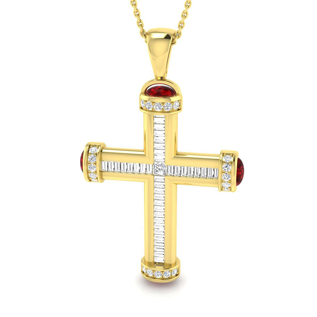 2.03ct Diamond & Ruby Baguette Cross Necklace in Gold & Platinum