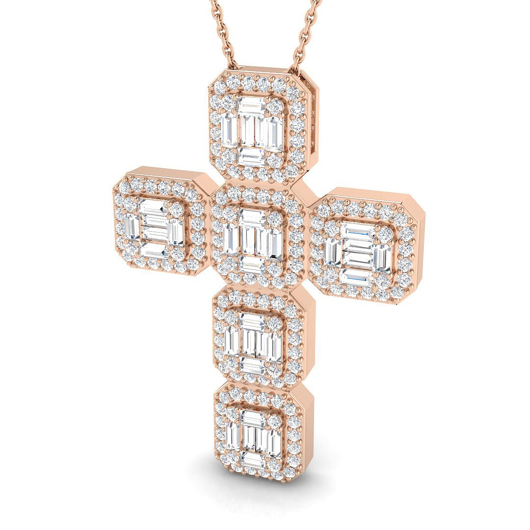 1.81ct Baguette & Round Diamond Cluster Cross Necklace in Gold & Platinum