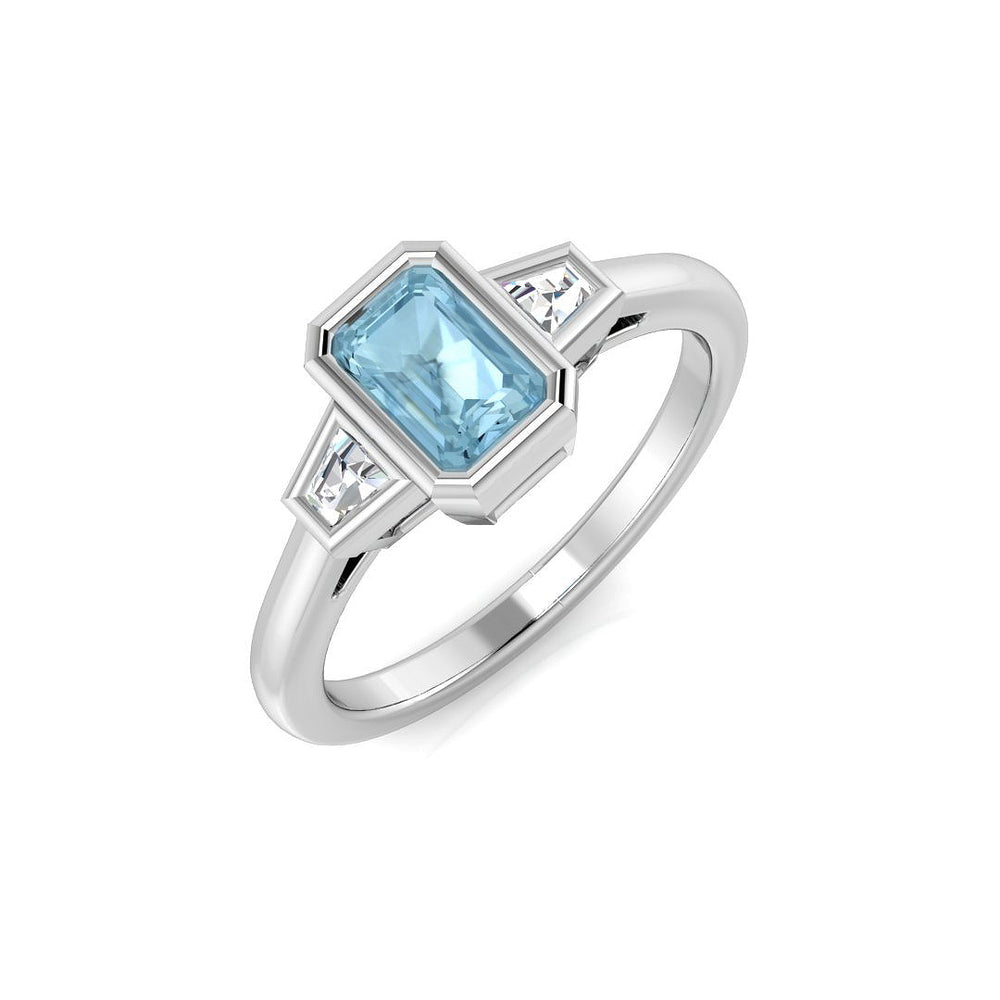 Emerald Cut Aquamarine Ring with Baguette Side Stones