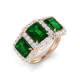 Emerald Three Stone Halo Ring with Natural Round Diamonds | UK Hallmarked