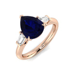 Pear Cut Blue Sapphire Three Stone Ring with Natural Baguette Side Stones | UK Hallmarked