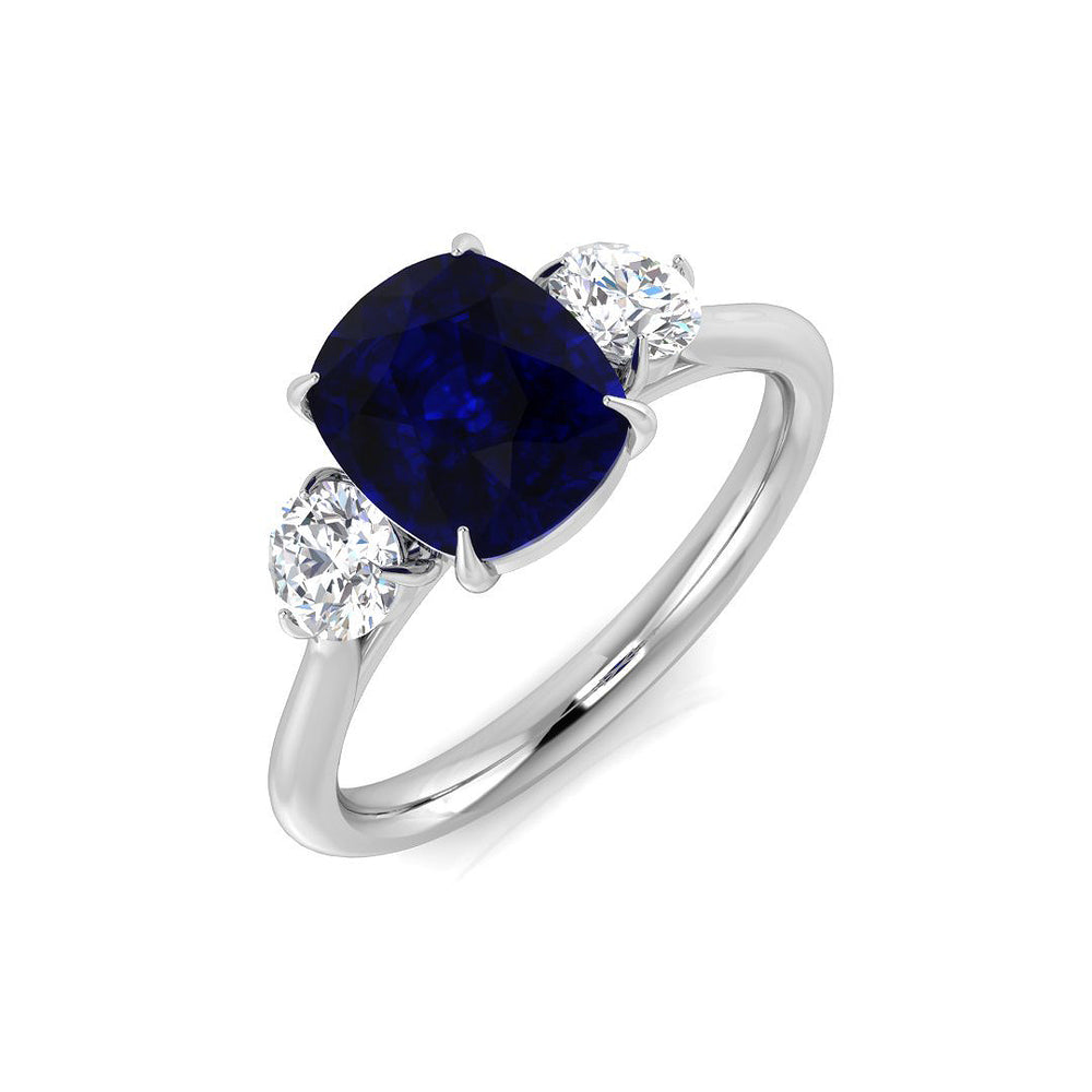 Cushion Cut Blue Sapphire Three Stone Ring