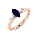 Marquise Blue Sapphire Ring with Baguette Diamonds Trilogy Design | Gold & Platinum