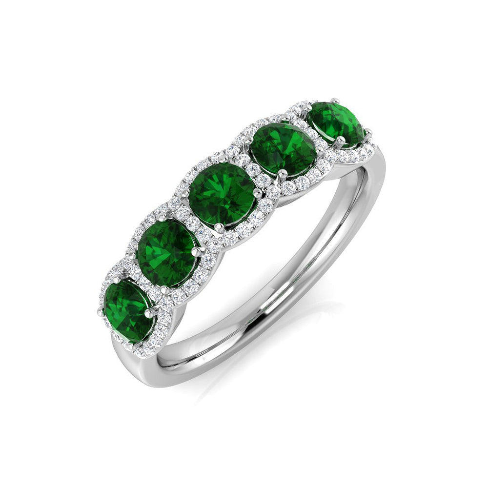 Emerald Halo Five Stone Ring with Diamonds