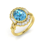 Oval Cut Blue Topaz Vintage Ring in Yellow Gold with Diamond Halo