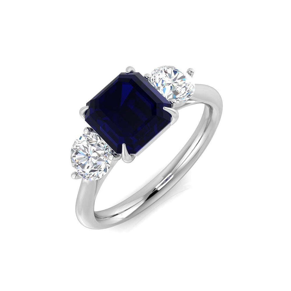 Emerald Cut Blue Sapphire Three Stone Ring