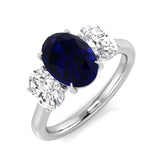 Oval Blue Sapphire Three Stone Ring with Diamonds
