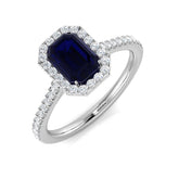 Emerald Cut Sapphire Halo Engagement Ring | Diamond Pave Band | UK Made