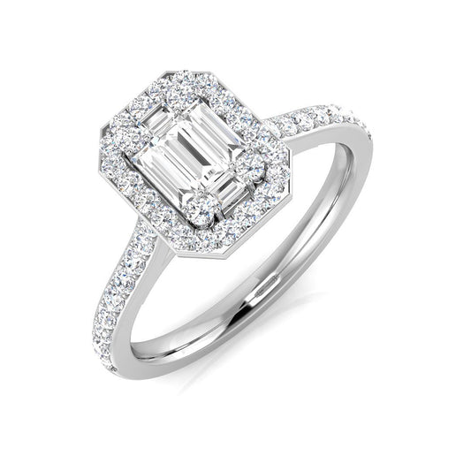 Baguette & Round Cut Diamond Halo Engagement Ring in Gold & Platinum
