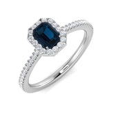 Emerald Cut Blue Sapphire Halo Engagement Ring | Diamond Halo Ring