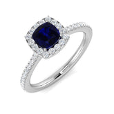 Cushion Cut Blue Sapphire Halo Ring with Natural Round Pave Band | UK Hallmarked