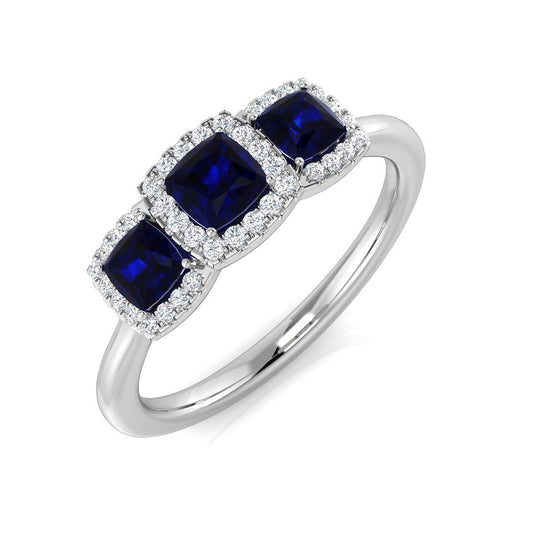 Blue Sapphire Halo Ring 3 Stone