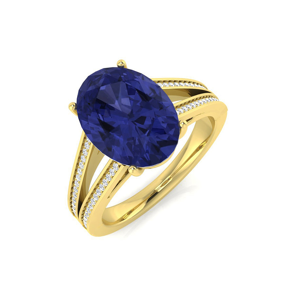 Oval Cut Tanzanite Ring with Pave Natural Diamonds in Yellow Gold
