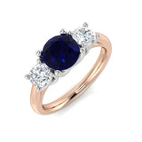 Blue Sapphire Three Stone Ring with Natural Round Side Stone | Classic Trilogy Design