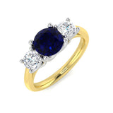 Blue Sapphire Three Stone Ring with Natural Round Side Stone | Classic Trilogy Design