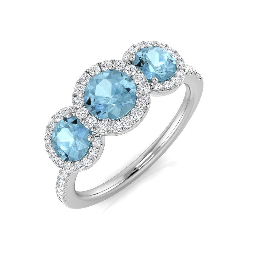 Round Cut Aquamarine Trilogy Ring with Diamond Halo