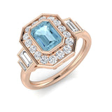 Rose Gold Emerald Cut Aquamarine Ring with Diamond Side Stones