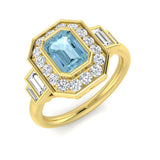 Yellow Gold Emerald Cut Aquamarine Ring with Diamond Side Stones