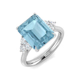 Emerald Cut Aquamarine Three Stone Ring with Round Natural Diamonds | UK Hallmarked