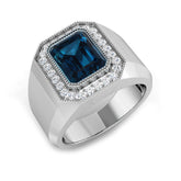 London Blue Topaz Signet Halo Ring with Pave Diamonds in White Gold