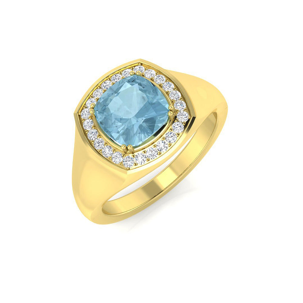 Yellow Gold Cushion Aquamarine Halo Ring