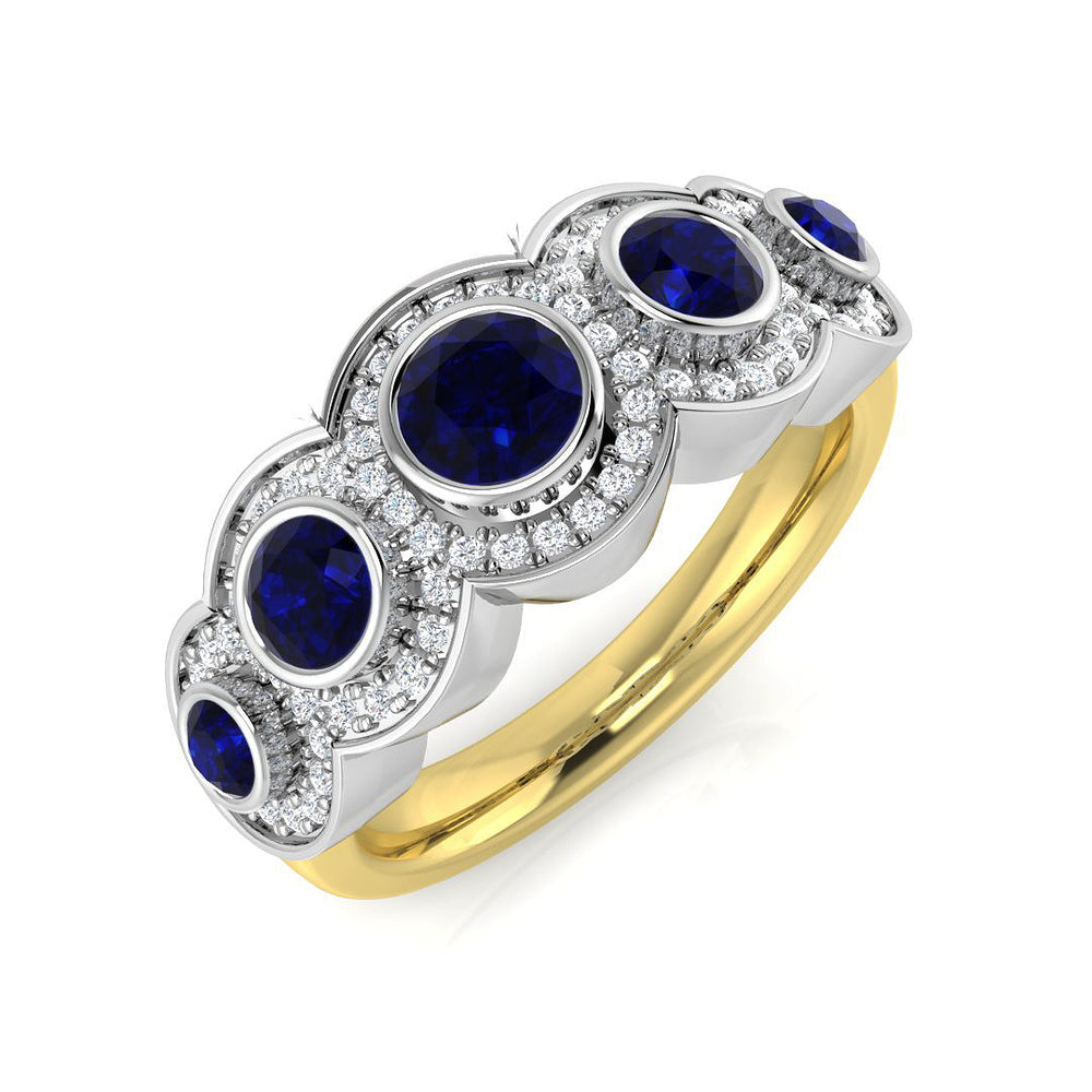 Blue Sapphire Diamond Five Stone Halo Ring in Gold